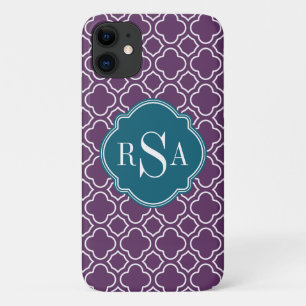 Triple Monogram Blue Purple Quatrefoil Pattern iPhone 11 Case