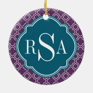 Triple Monogram Blue Purple Quatrefoil Pattern Ceramic Tree Decoration