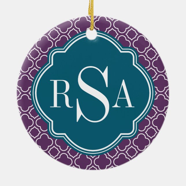 Triple Monogram Blue Purple Quatrefoil Pattern Ceramic Tree Decoration (Back)