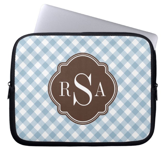 Triple Monogram Brown Blue Gingham Pattern Laptop Sleeve (Front)