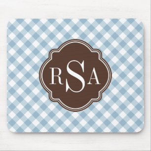 Triple Monogram Brown Blue Gingham Pattern Mouse Mat