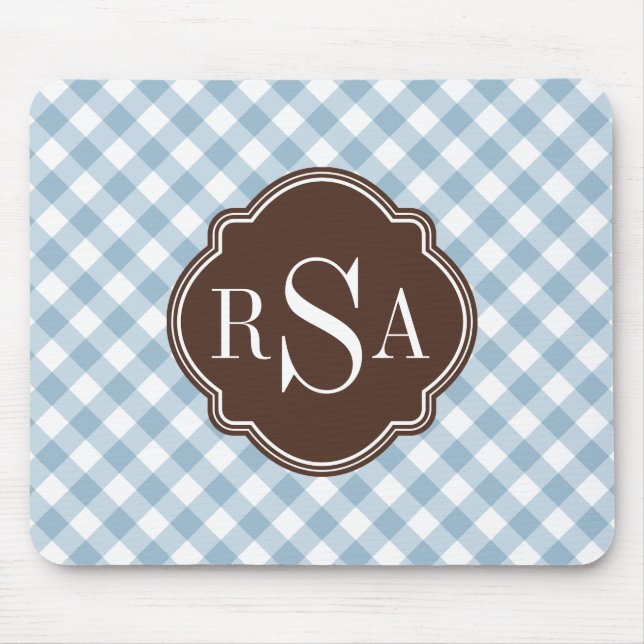 Triple Monogram Brown Blue Gingham Pattern Mouse Mat (Front)