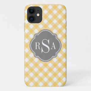 Triple Monogram Grey Yellow Gingham Pattern iPhone 11 Case