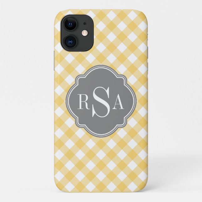 Triple Monogram Grey Yellow Gingham Pattern Case-Mate iPhone Case (Back)