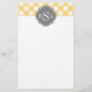 Triple Monogram Grey Yellow Gingham Pattern Stationery