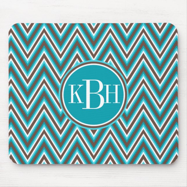 Triple Monogram Teal Blue Brown Chevron Mouse Mat (Front)