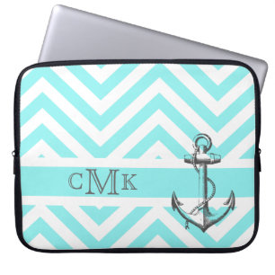 Triple Monogrammed Anchor & Blue Zigzags Laptop Sleeve