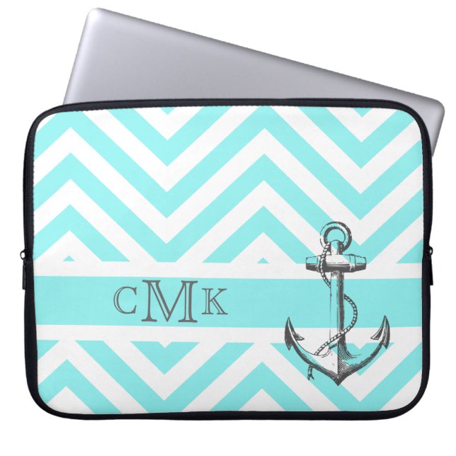 Triple Monogrammed Anchor & Blue Zigzags Laptop Sleeve (Front)