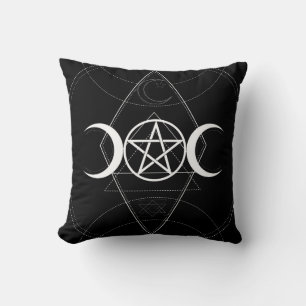 Triple Moon Geometry Pentagram Black & White Wicca Cushion