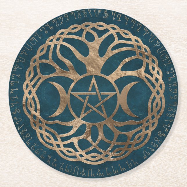 Triple Moon Goddess with pentagram Round Paper Coaster (Front)