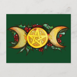 Triple Moon Holly Yule Art Holiday Postcard