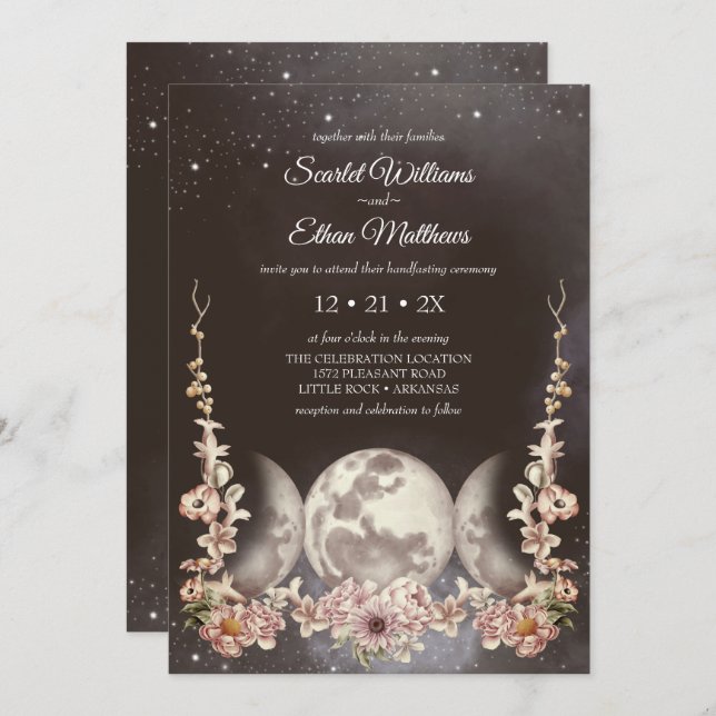 Triple Moon Phase Boho Floral Handfasting Invitation (Front/Back)