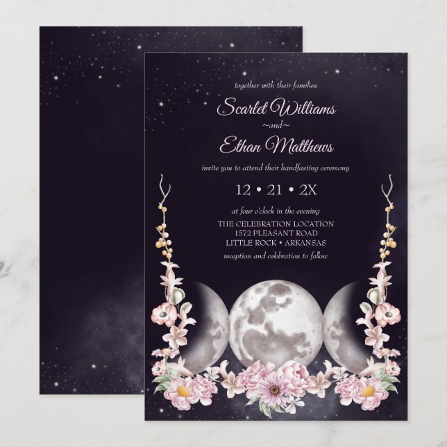 Triple Moon Purple Night Sky Wicca Handfasting Invitation (Front/Back)