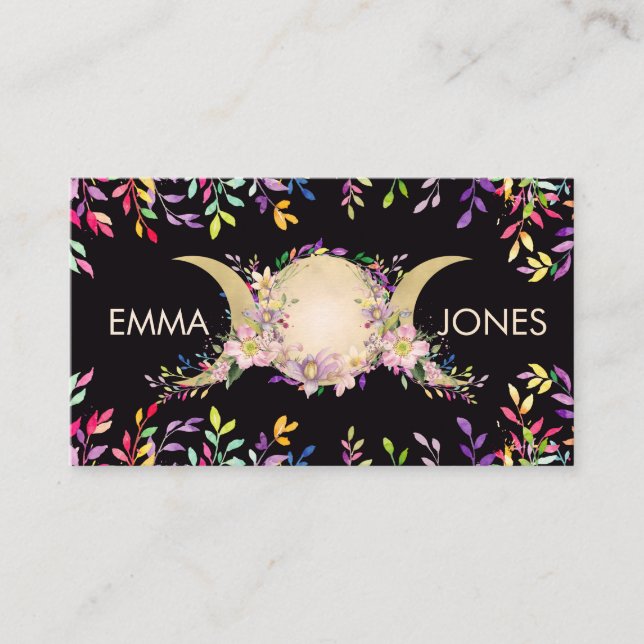 Triple Moon - Triple Goddess Floral Ornament Business Card (Front)