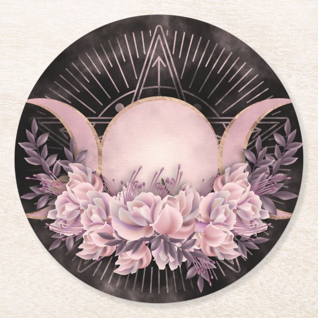 Triple Moon - Triple Goddess -Gentle Floral Round Paper Coaster (Front)
