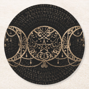 Triple Moon - Triple Goddess Gold and black Round Paper Coaster