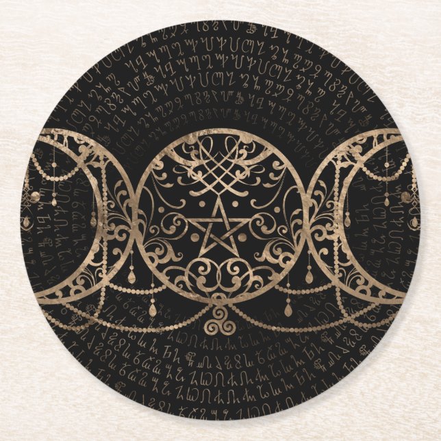 Triple Moon - Triple Goddess Gold and black Round Paper Coaster (Front)