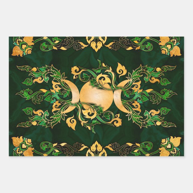 Triple Moon - Triple Goddess Malachite and Gold Wrapping Paper Sheet (Front)
