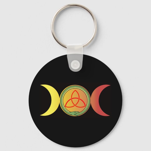 triple moon with green ouroboros and red triquetra key ring (Front)