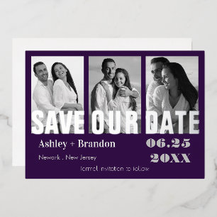 Triple Photo Purple, Grey REAL Foil Invitation