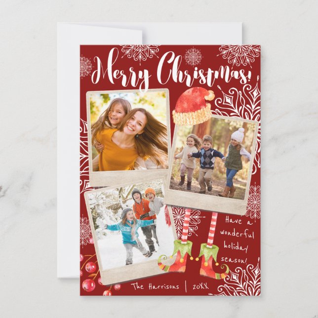 Triple Photo Red & White Christmas | Personalised Holiday Card (Front)