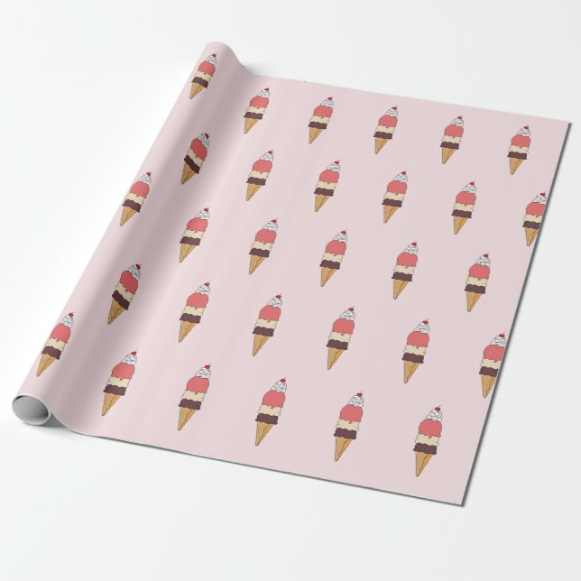 Triple Scoop Ice Cream Cone Wrapping Paper (Unrolled)