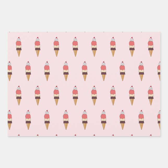 Triple Scoop Ice Cream Cone Wrapping Paper Sheet (Front)