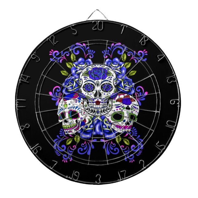 Triple Skull Blue Floral Sugar Skulls Dartboard (Front)