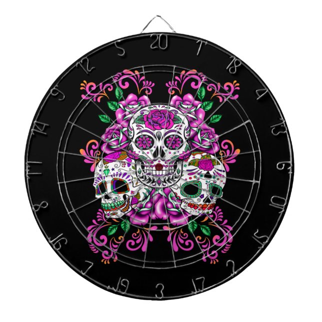 Triple Skull Pink Floral Sugar Skulls Dartboard (Front)