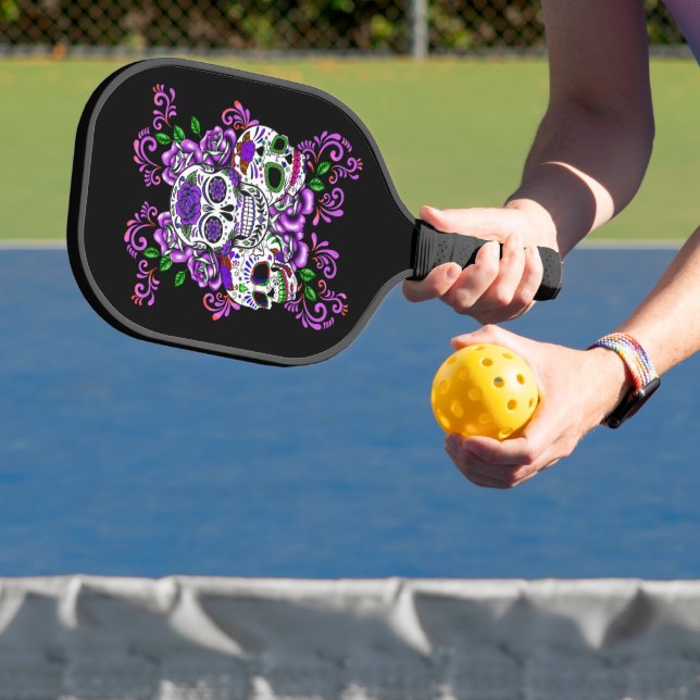 Triple Skull Purple Floral Sugar Skulls Pickleball Paddle (Insitu)