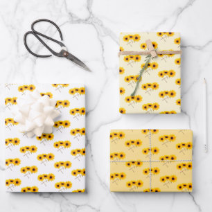 Triple Sunflower Pattern Over White Yellow Orange Wrapping Paper Sheet
