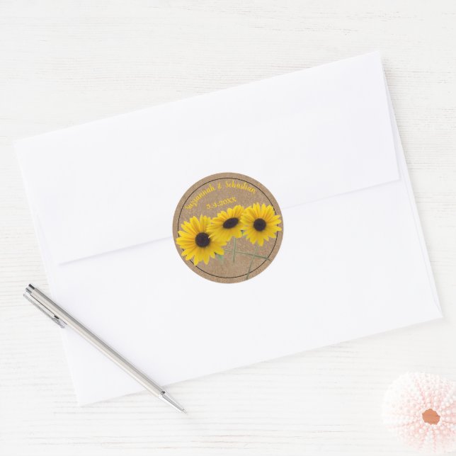 Triple Sunflower Photo Event Name Date Template Classic Round Sticker (Envelope)