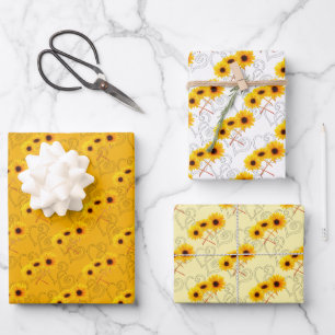 Triple Sunflower Photograph Heart Pattern Wrapping Paper Sheet