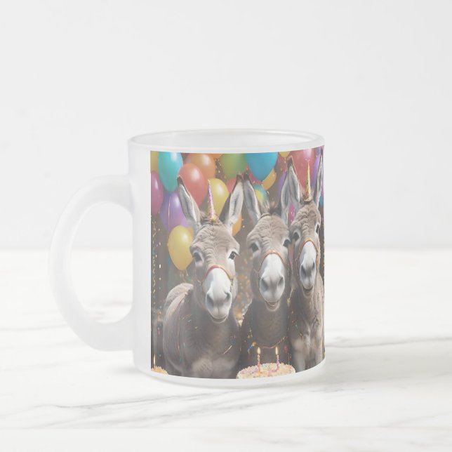 Triple the Joy: A Donkey Triplets' Birthday Bash Frosted Glass Coffee Mug (Left)