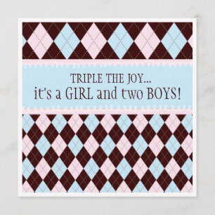 Triple the Joy Argyle Boy Girl Triplet Baby Shower Invitation