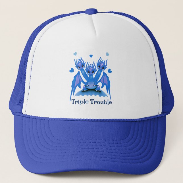 Triple Trouble Cute Blue Three-Headed Dragon Trucker Hat (Front)