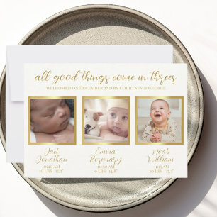 Triplet babies birth announcement three Card