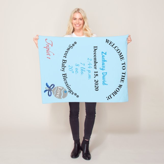 Triplet Baby Boy Personalised Fleece Blanket (In Situ)