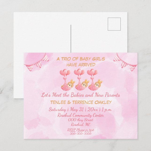 Triplet Baby Girls Pink Shower Invitation Postcard (Front/Back)