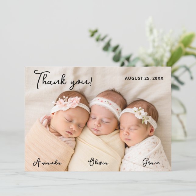 Triplet Baby Girls Thank You Card with Photo (Standing Front)
