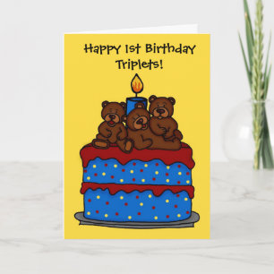 triplet bears on 1st birthday cake card