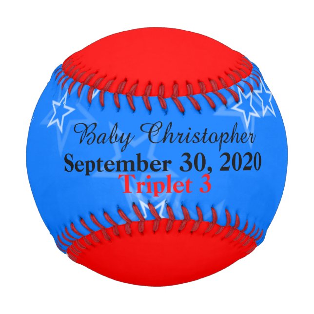 Triplet Boy Birth Stat Red White Blue Baseball (Front)