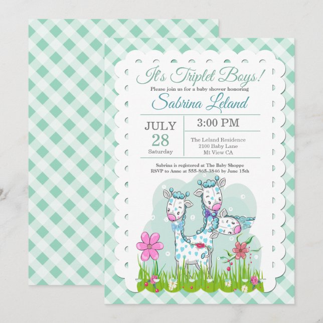 Triplet Boys Adorable Giraffes Baby Shower Invitation (Front/Back)