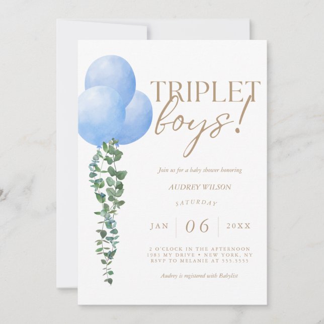 Triplet Boys Blue Balloon Baby Boys Shower Invitation (Front)