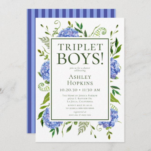 Triplet Boys Blue Hydrangeas Baby Shower  Invitation (Front/Back)