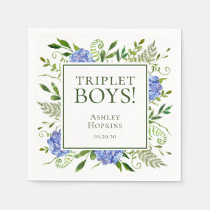 Triplet Boys Blue Hydrangeas Baby Shower Napkin
