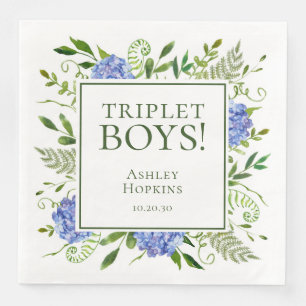 Triplet Boys Blue Hydrangeas Baby Shower Napkin