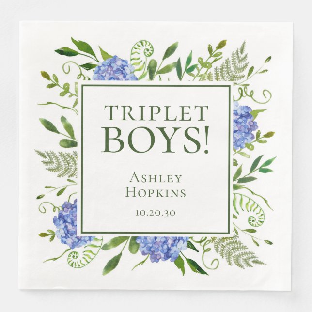 Triplet Boys Blue Hydrangeas Baby Shower Napkin (Front)
