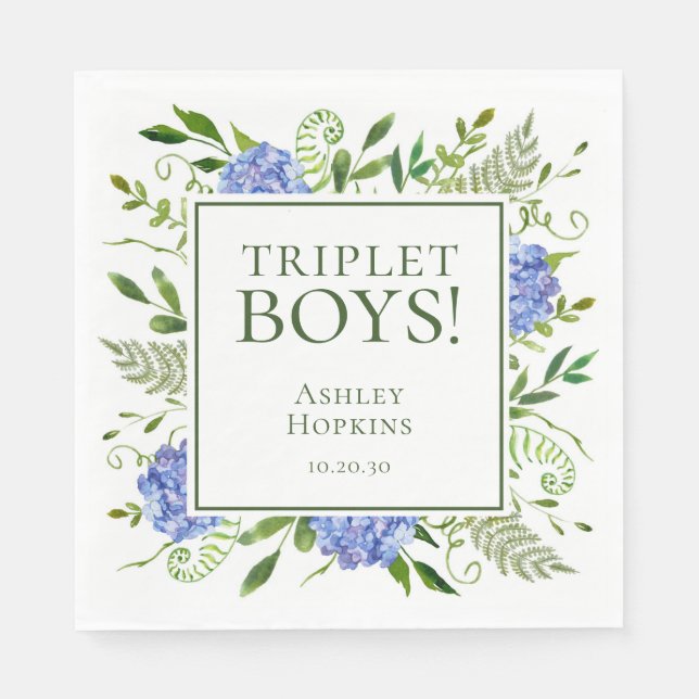Triplet Boys Blue Hydrangeas Baby Shower Napkin (Front)