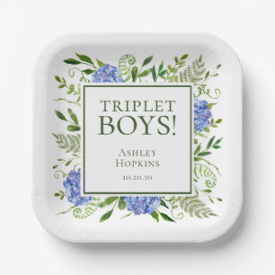 Triplet Boys Blue Hydrangeas Baby Shower Paper Plate